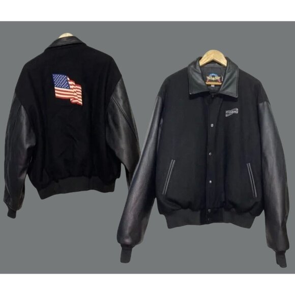 Vintage Hard Rock Cafe Black Varsity Jacket USA Flag Back Wool & Leather – Made - Picture 1 of 9